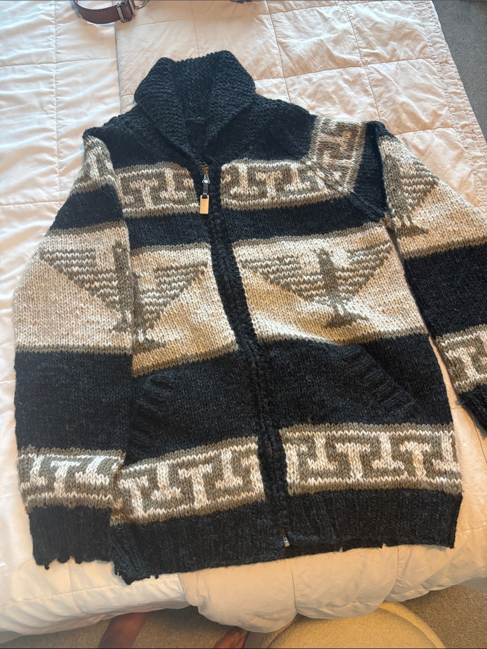 Men's Black & Cream Zippered Shawl Collar Knit Sweater